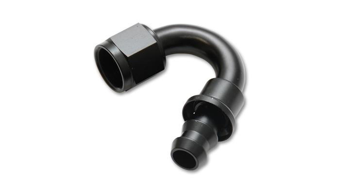 Vibrant -6AN push-on 150-degree hose end fitting showing the black anodized aluminum fitting with angled design for high-performance hoses.