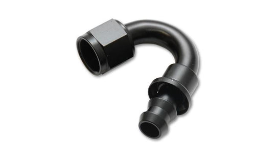 Vibrant -6AN push-on 150-degree hose end fitting showing the black anodized aluminum fitting with angled design for high-performance hoses.