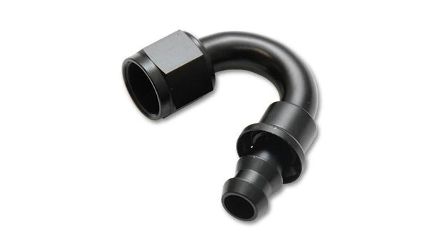 Vibrant -6AN push-on 150-degree hose end fitting showing the black anodized aluminum fitting with angled design for high-performance hoses.