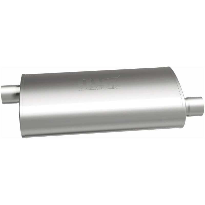 MagnaFlow Mag SS muffler with 22x5x11 inch dimensions and 3x3 outlet, showing the stainless steel construction and inlet/outlet pipes.