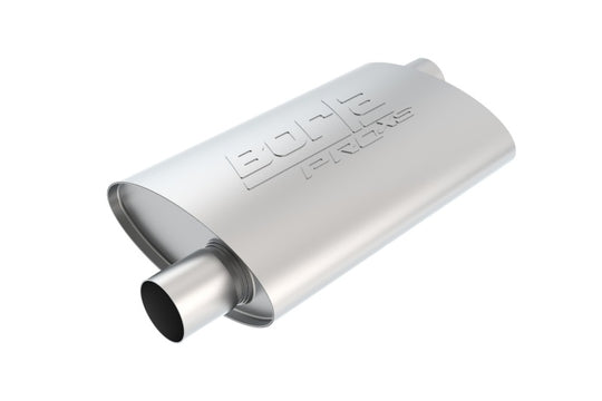 Borla Pro-XS 2-inch oval offset muffler with 14x4x9.5-inch dimensions, designed for automotive exhaust systems.