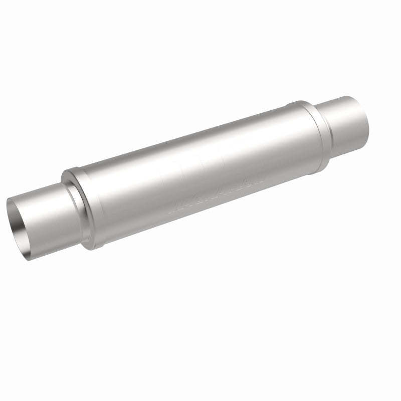 MagnaFlow Mag SS 4x4x14 muffler for trucks, showing the stainless steel construction and inlet and outlet pipes.