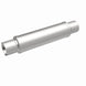 MagnaFlow Mag SS 4x4x14 muffler for trucks, showing the stainless steel construction and inlet and outlet pipes.