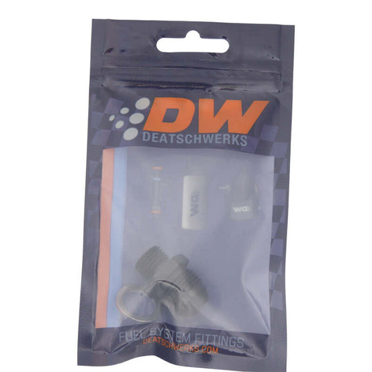 DeatschWerks matte black 8AN male flare to M14 x 1.5 male metric fitting with washer for automotive fluid connections.