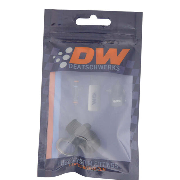 DeatschWerks matte black 8AN male flare to M14 x 1.5 male metric fitting with washer for automotive fluid connections.
