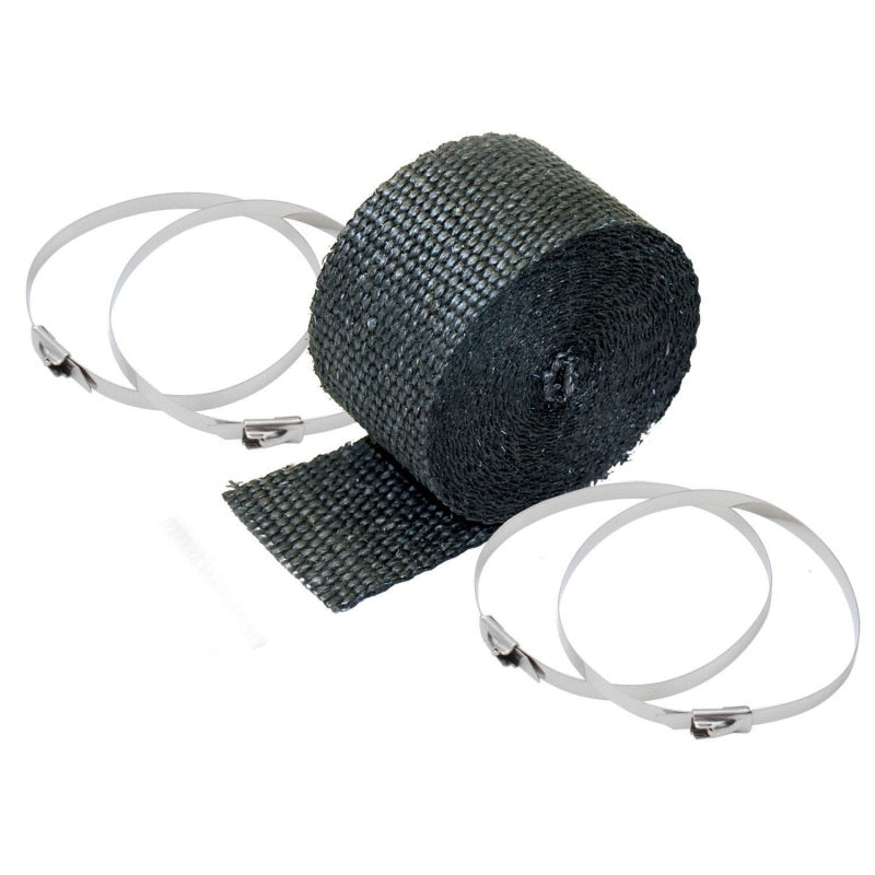 Black DEI Exhaust Wrap Kit with pipe wrap and locking tie, showing the textured heat-resistant exhaust header wrap.