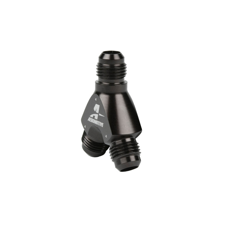 Aeromotive AN-06 Y-Block fitting for fuel lines, featuring dual AN-06 ports for automotive performance connections.