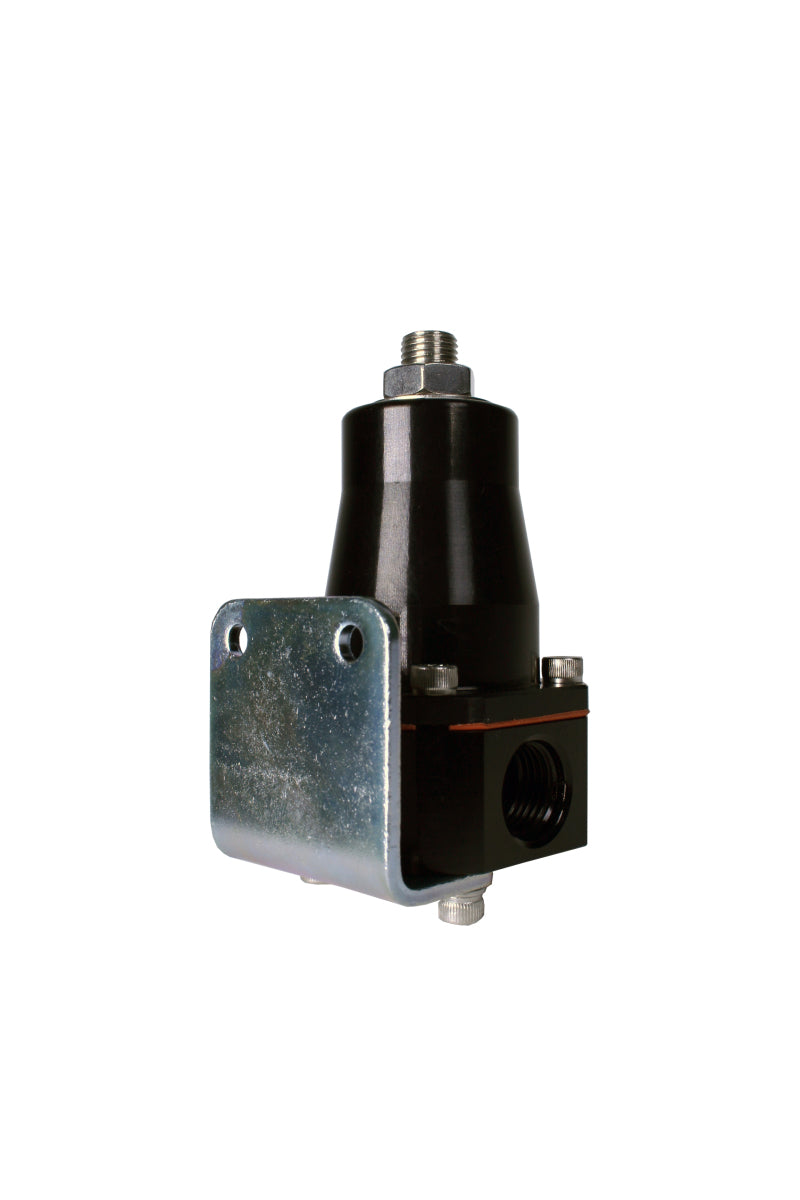 Aeromotive adjustable billet fuel pressure regulator with black finish, featuring two -6 inlets and one -6 return for EFI systems.
