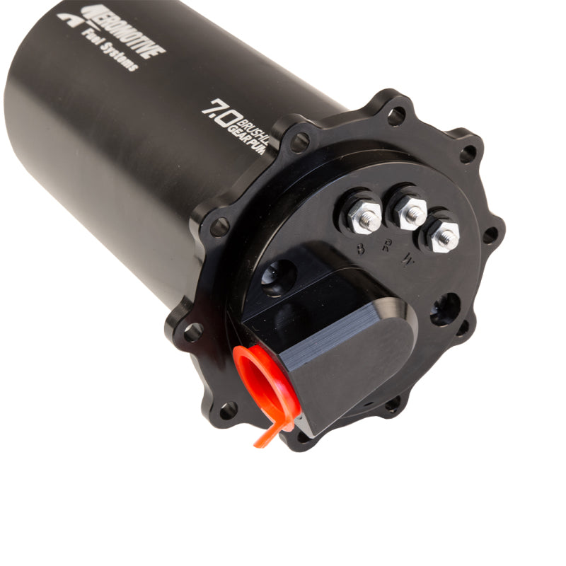 Aeromotive fuel pump module with 90-degree outlet, brushless spur design, model TVS 7.0, shown in close-up view
