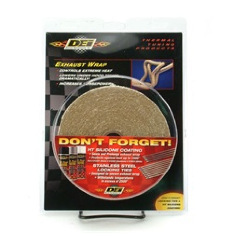 DEI Exhaust Wrap 2in x 50ft in tan color, heat-resistant exhaust wrap for automotive performance applications.