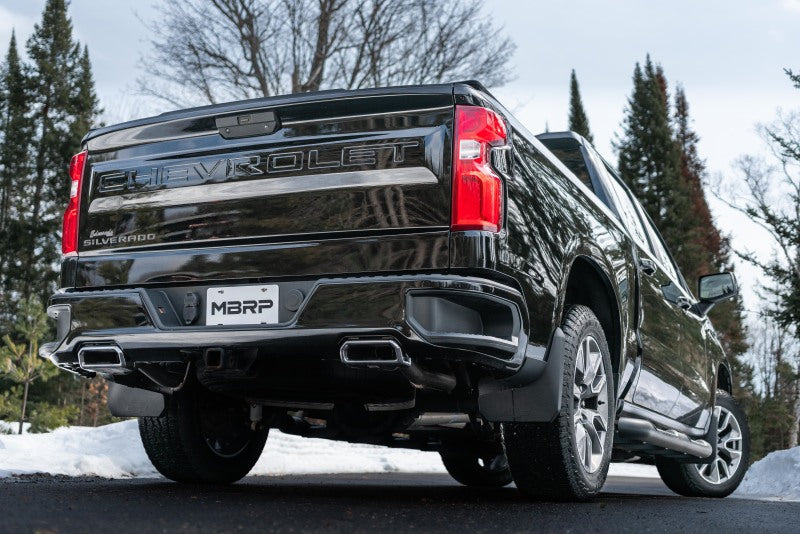 MBRP catback exhaust system for 2019 Chevrolet Silverado 1500 with 4.3L/5.3L engines, dual rear exit, T409 stainless steel.