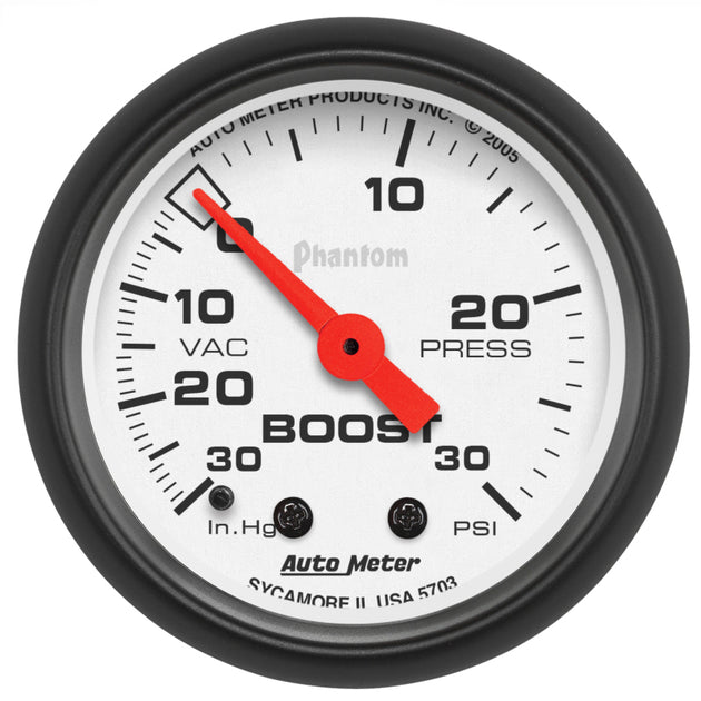 AutoMeter Phantom 52mm mechanical boost gauge with 30 PSI measurement, featuring a clear dial and black bezel for accurate pressure readings.