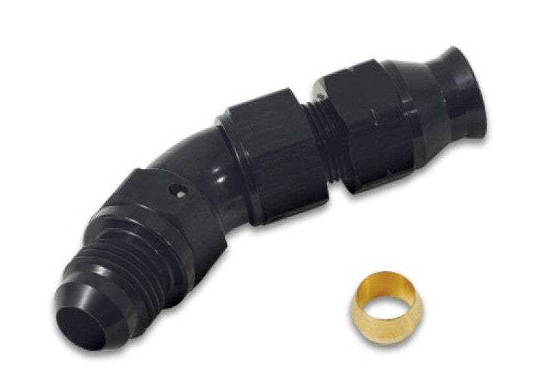 Vibrant 45-degree 1/2 inch tube to male -8AN flare adapter with olive inserts, used for high-performance fluid connections.