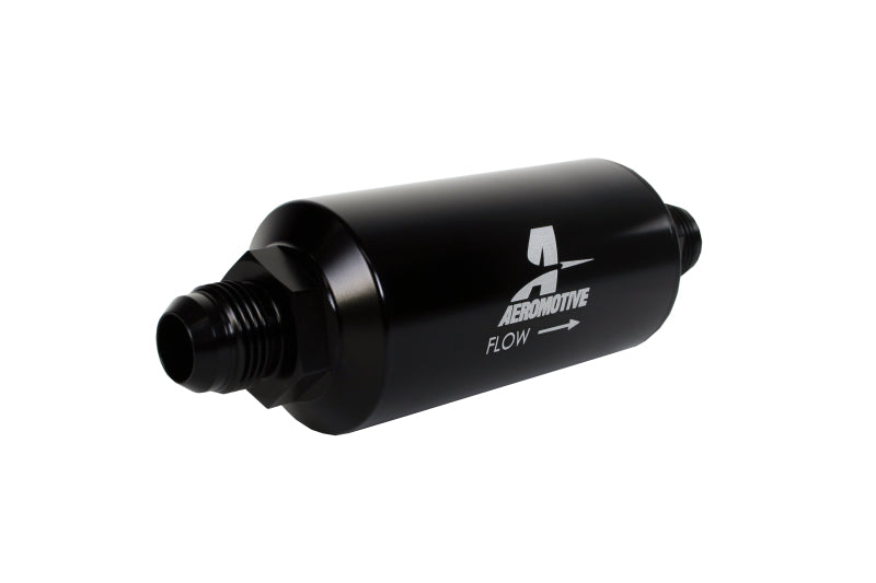 Aeromotive AN-10 inline fuel filter with 100 micron stainless steel element and black anodize finish for automotive fuel systems.