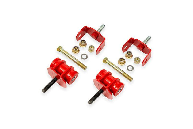 Red BMR Suspension polyurethane engine mount kit for Chevrolet C5 Corvette 1997-2004 including Z06 model, shown installed.