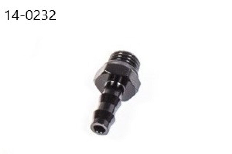 Radium Engineering 4AN ORB to 8mm barb fitting showing black anodized aluminum fitting with threaded ORB end and 8mm barb connector