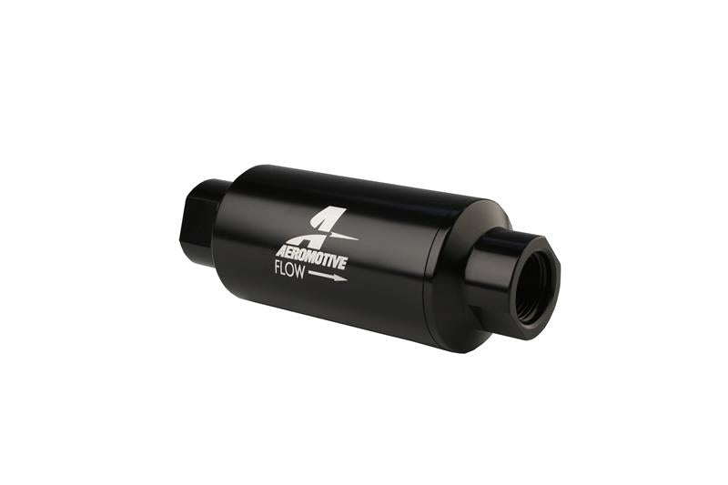 Aeromotive black AN-10 inline fuel filter with 10-micron filtration, designed for high-performance automotive fuel systems.