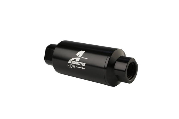 Aeromotive black AN-10 inline fuel filter with 10-micron filtration, designed for high-performance automotive fuel systems.