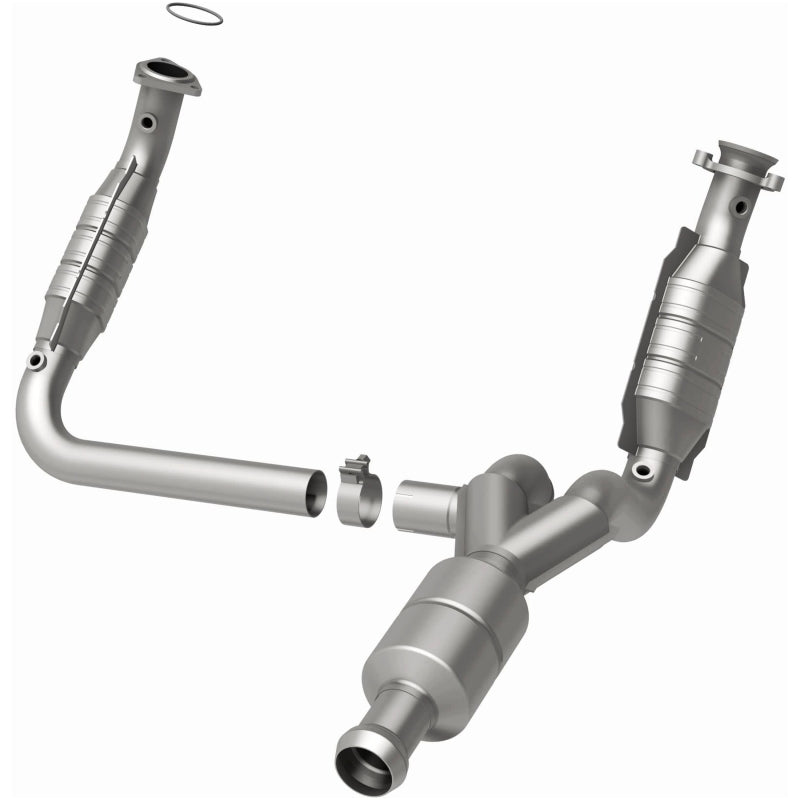 MagnaFlow catalytic converter direct fit for Chevy Avalanche 5.3L 2009-2013, showing the stainless steel construction and inlet/outlet ports.