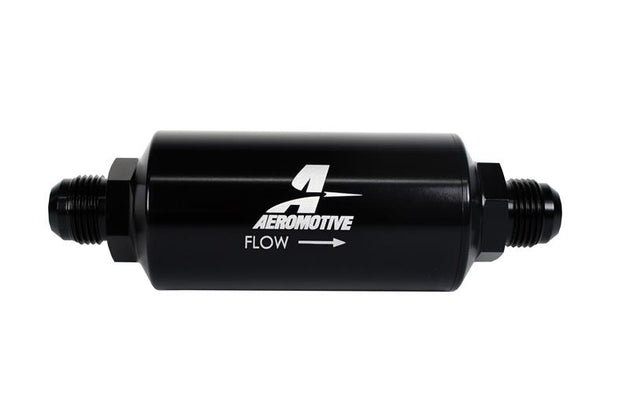 Aeromotive in-line fuel filter with AN-10 fitting, black finish, 10 micron microglass element for filtration, male connections.