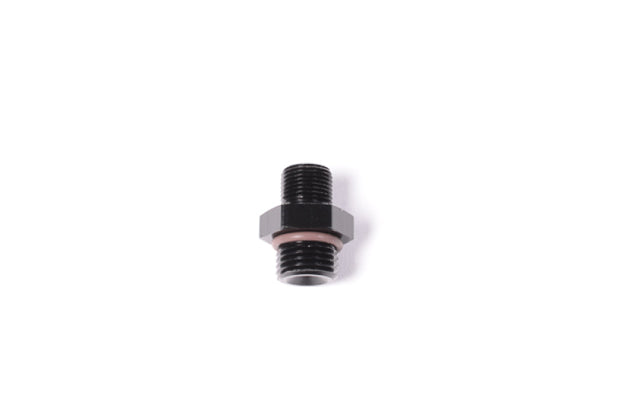 Radium Engineering 6AN ORB to M12x1.0mm male fitting showing metal construction and threaded end for automotive fluid connections.