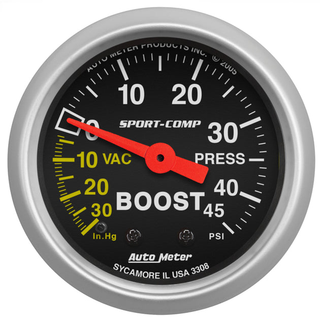 AutoMeter Sport-Comp 52mm mechanical boost gauge displaying 45 PSI with black dial and silver bezel for automotive performance monitoring.