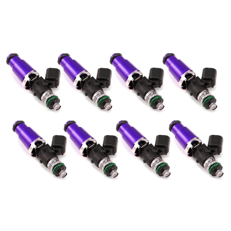 Injector Dynamics 1340cc fuel injectors set for 8-cylinder engines with 60mm length, purple top, and 14mm lower O-ring.