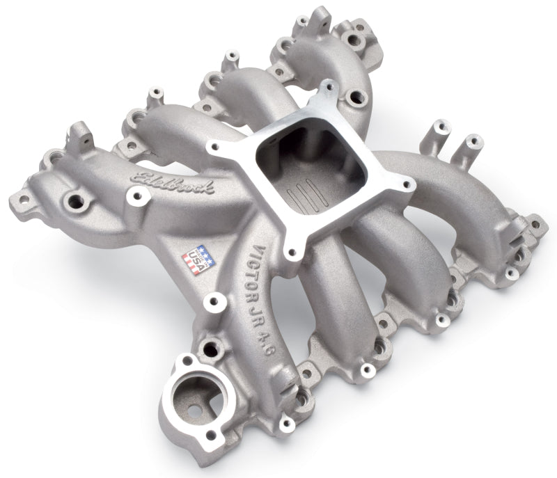 Edelbrock Victor Jr Ford EFI intake manifold for 4.6L engines, showing the polished aluminum design and port openings.