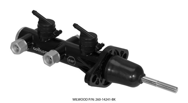 Wilwood tandem remote brake master cylinder in black with 7/8 inch bore, shown with mounting and hydraulic connection details.