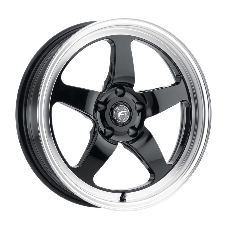 Forgestar D5 Drag 18x12 cast wheel in gloss black with 5x120.65 bolt pattern, ET50 offset, and 8.5-inch backspacing.