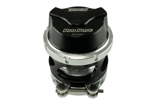 Turbosmart GenV 54mm ProPort Universal Blow Off Valve in black, showing the sleek metal body and adjustable fittings.