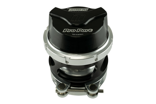 Turbosmart GenV 54mm ProPort Universal Blow Off Valve in black, showing the sleek metal body and adjustable fittings.