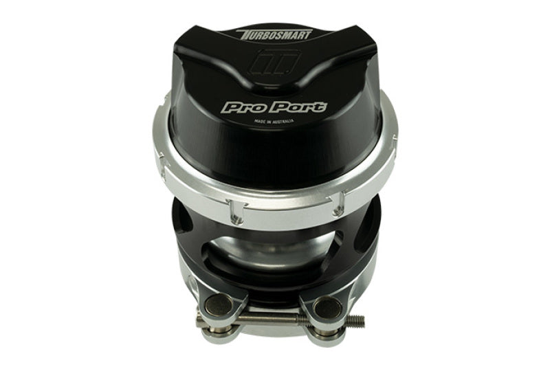 Turbosmart GenV 54mm ProPort Universal Blow Off Valve in black, showing the sleek metal body and adjustable fittings.