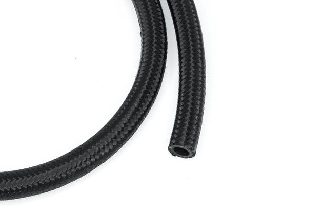 DeatschWerks 8AN black nylon braided CPE hose, 20 feet long, durable automotive fuel and oil hose with reinforced braiding.