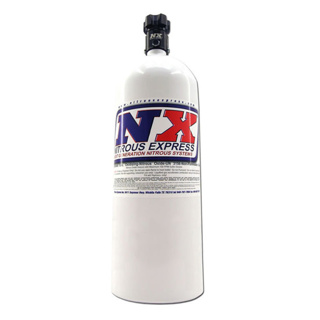 Nitrous Express 15lb nitrous bottle with Lightning 500 valve, showing the silver cylinder and valve assembly.