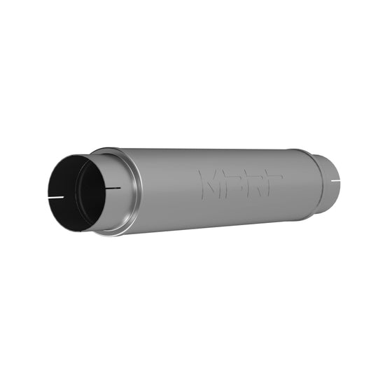 MBRP universal muffler with 5-inch inlet/outlet and 24-inch T409 stainless steel body, designed for automotive exhaust systems.