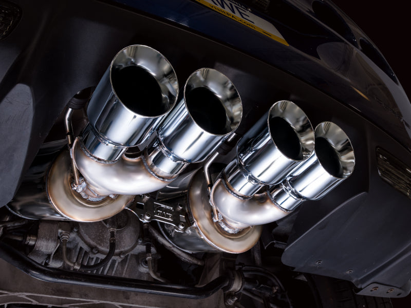 AWE Tuning C6 Chevrolet Corvette Z06/ZR1 axle-back exhaust with chrome silver tips, showcasing polished metal and dual exhaust outlets.