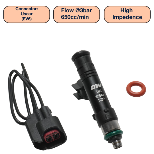 DeatschWerks universal 650cc single fuel injector with 60mm length and 14mm O-ring seals, shown in close-up view.