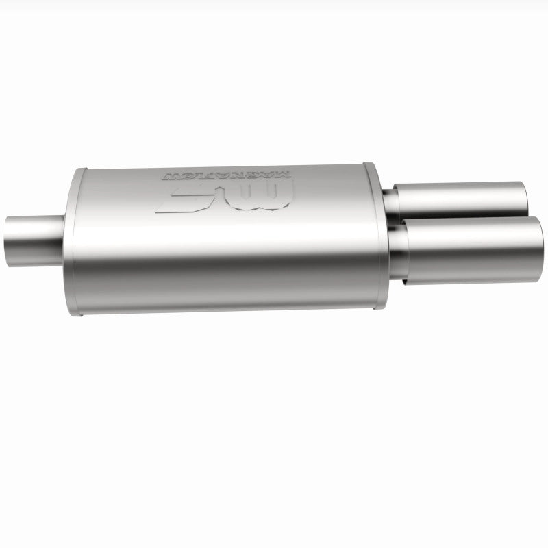 MagnaFlow stainless steel muffler with tip, 14x5x8 inches, featuring dual inlet and outlet pipes, designed for vehicle exhaust systems.