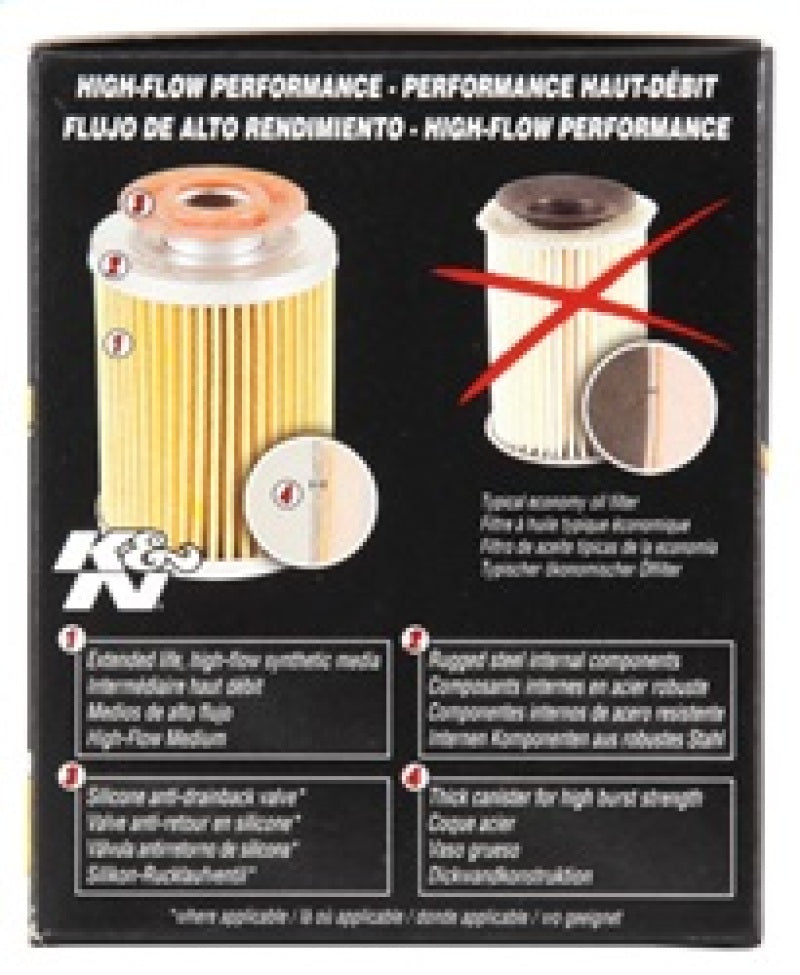 K&N Engineering Chevy, Pontiac, GMC, Buick performance gold oil filter showing the brand label and metal casing.