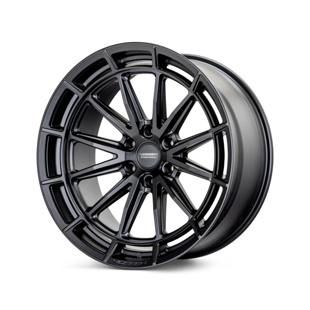 Vossen HFX-5 forged wheel, 22x10 inches, Satin Black finish, deep concave face, 8x165.1 bolt pattern, ET-18 offset, on vehicle.