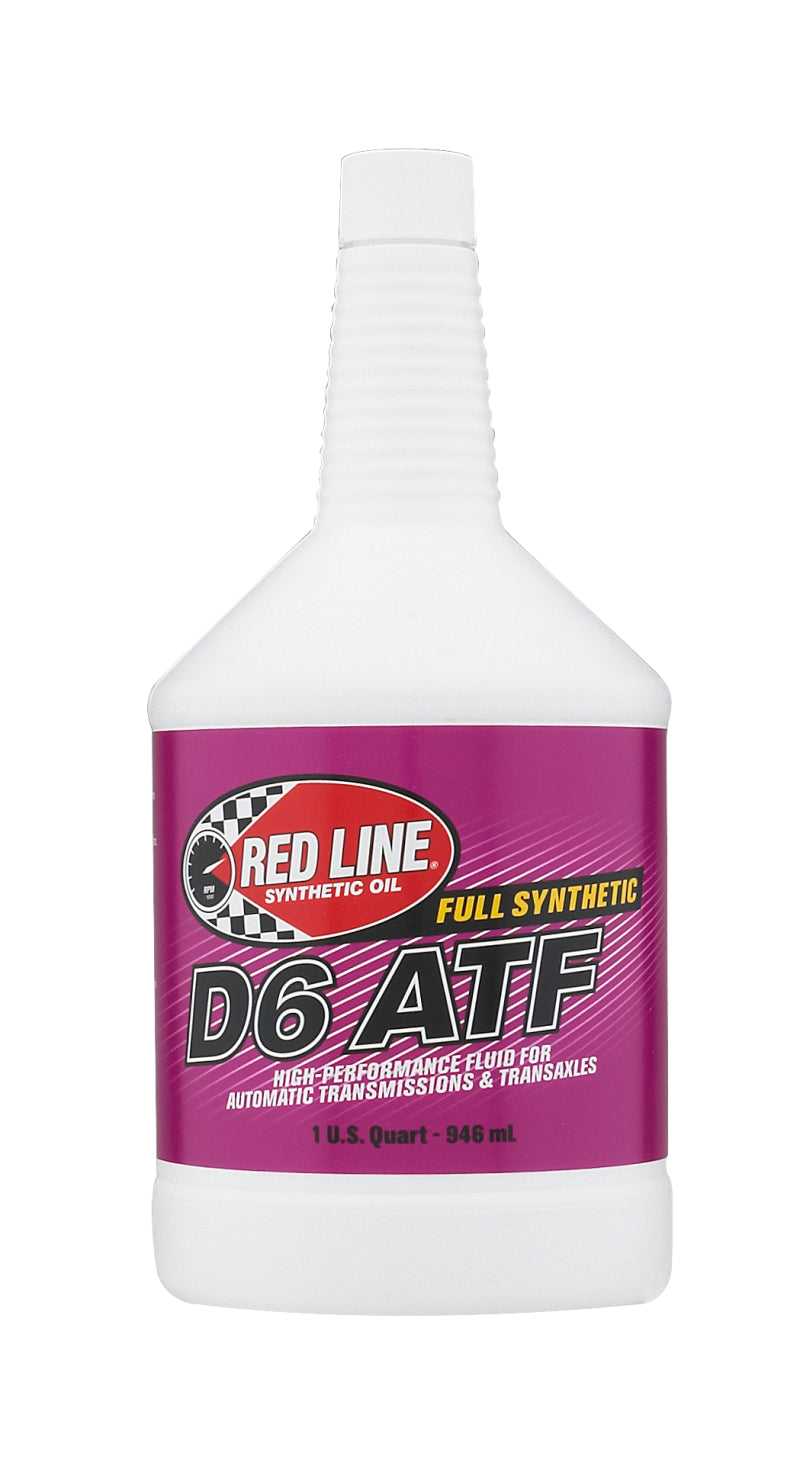 Red Line D6 ATF gear oil quart container with red and white label, used for automatic transmissions and gear systems.