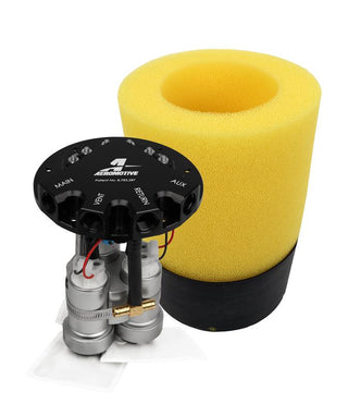 Aeromotive Phantom Trifekta universal in-tank fuel pump with 450lph capacity and 6-10 inch depth, designed for high-performance vehicles.