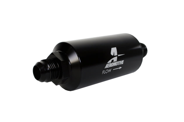 Aeromotive in-line fuel filter with AN-10 fitting, 100 micron stainless steel element, black anodized finish for automotive use.