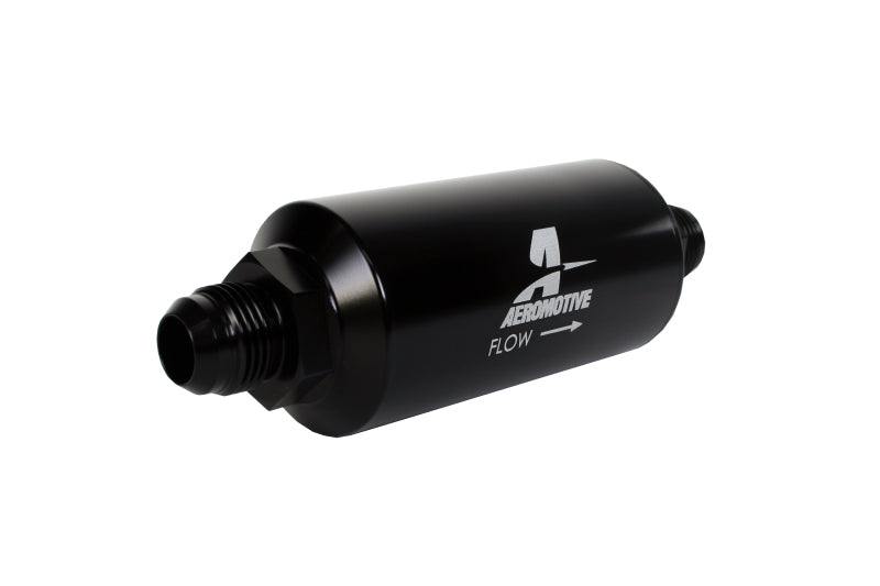 Aeromotive In-Line Fuel Filter with AN-10 fitting, 100 micron stainless steel element, black anodized finish for automotive performance.