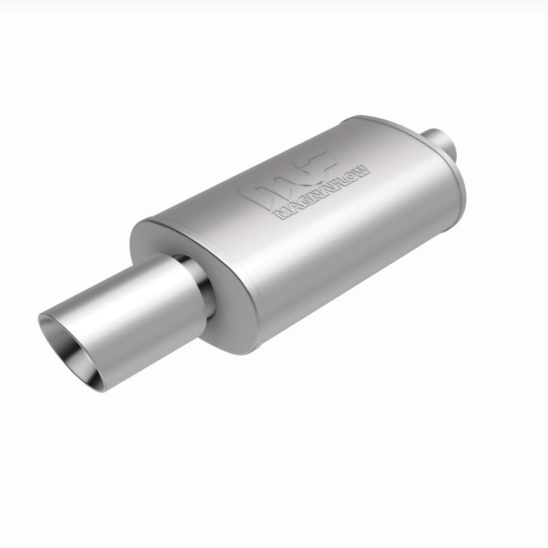 MagnaFlow stainless steel muffler with tip, 14x5x8 inch size, featuring dual inlet/outlet 2.25/4 inch exhaust pipe for automotive use.