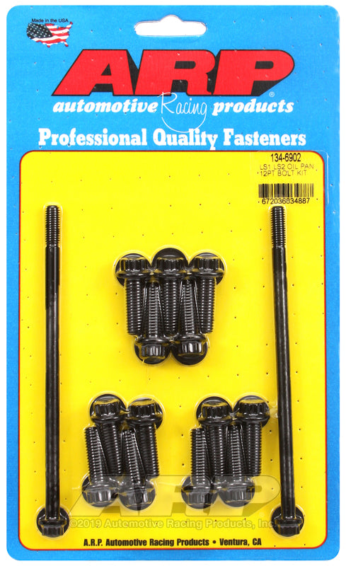 ARP LS1 LS2 12pt oil pan bolt kit with silver hardware, includes multiple bolts for engine oil pan assembly.