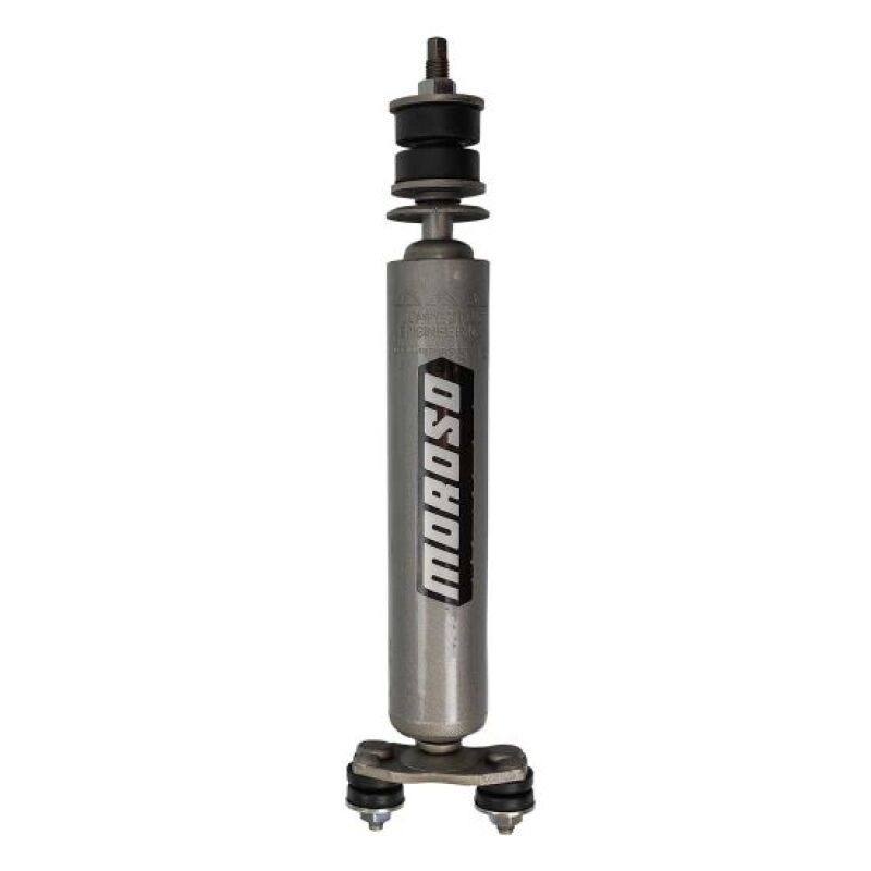 Moroso 66-70 Fold Falcon Cars 3-Way Adjustable Front Drag Shock absorber with mounting hardware and adjustable settings.