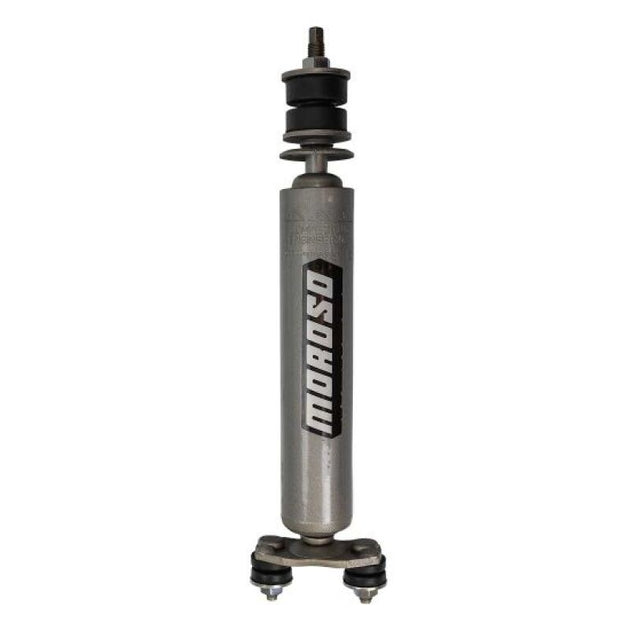 Moroso 66-70 Fold Falcon Cars 3-Way Adjustable Front Drag Shock absorber with mounting hardware and adjustable settings.