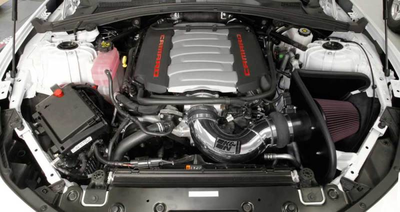 K&N Engineering cold air intake system for 2016 Chevy Camaro SS 6.2L V8 F/I, showing the sleek intake components.